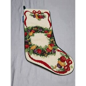Williamsburg Needlepoint Christmas Stocking Fruit Wreath Green Velvet Back 17in